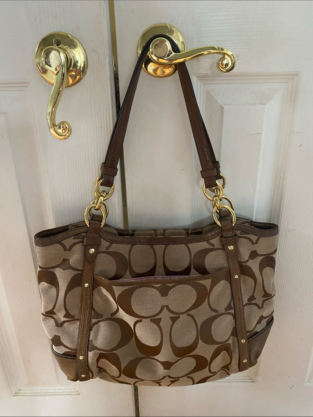 Coach Tan and Brown Signature Canvas Tote with Gold Hardware - Picture 9 of 12